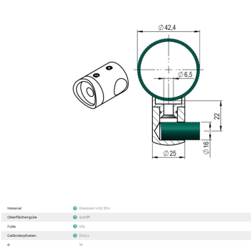 Querstabhalter Ø16,0 mm/Ø42,4 mm Rechts Traversenhalter Reling Geländer Relinggeländer V2A Edelstahl